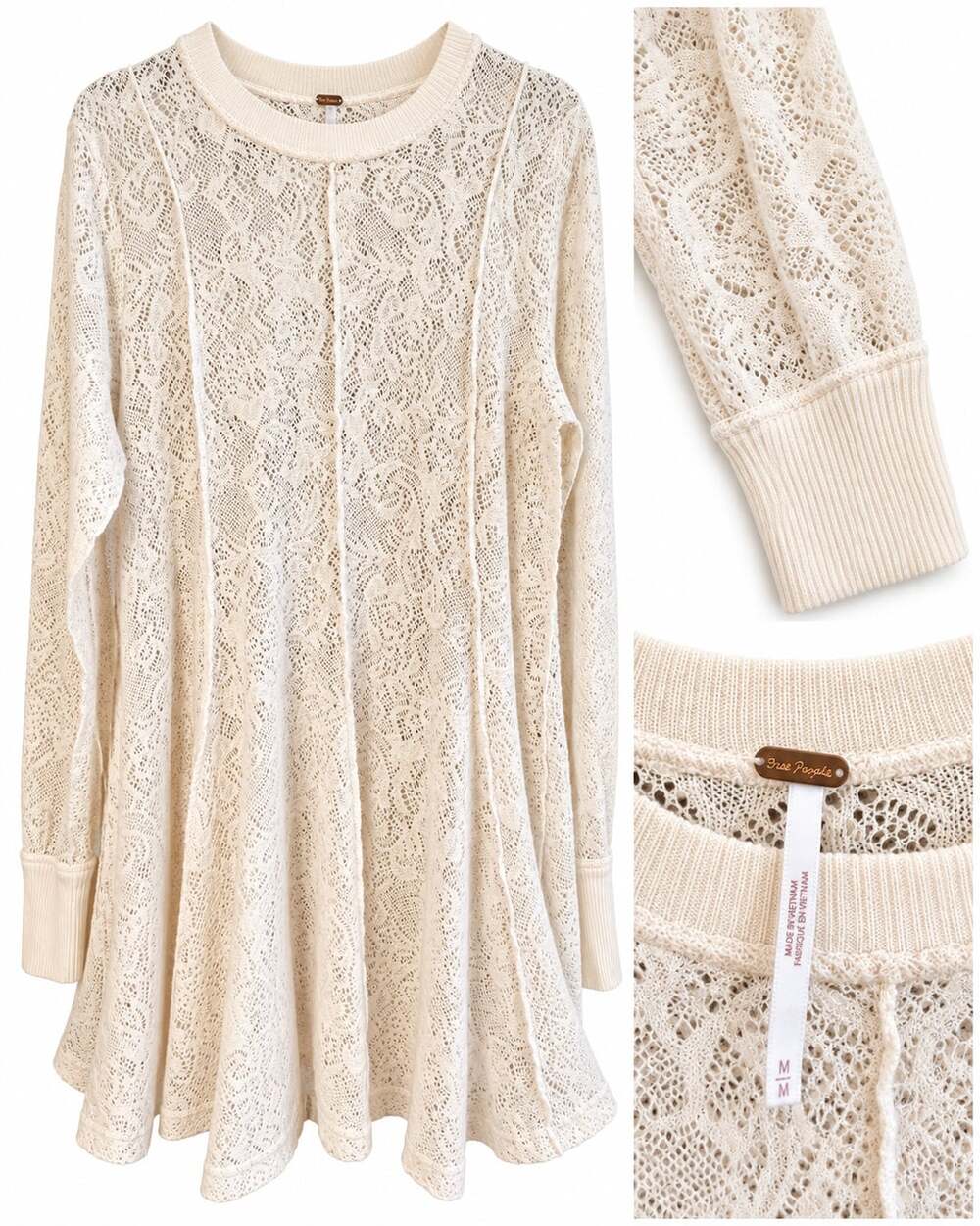 Free People Coffee In The Morning Tunic Size M Ivory Lace Long Sleeve